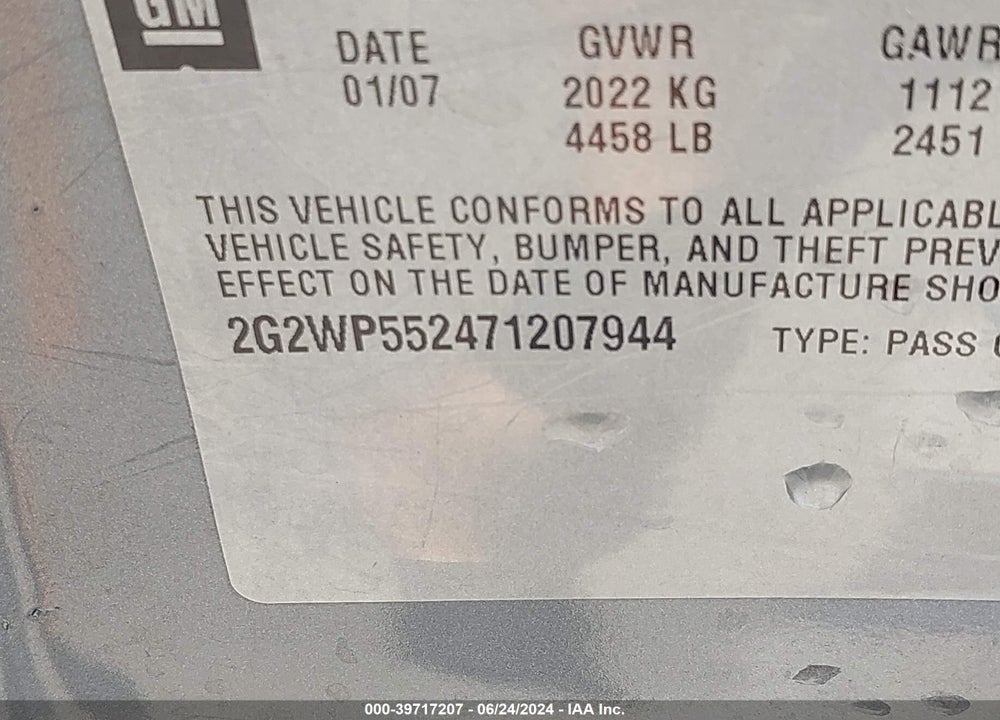 2007 PONTIAC GRAND PRIX VIN: 2G2WP552471207944