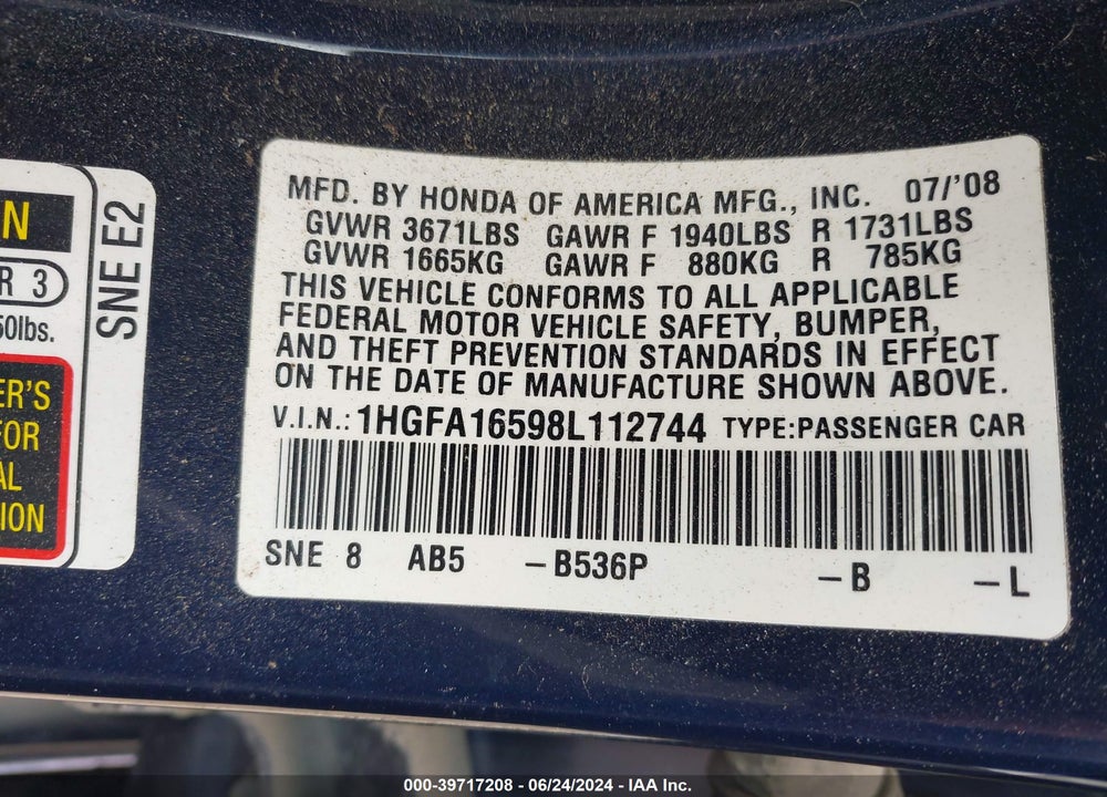 2008 HONDA CIVIC LX VIN: 1HGFA16598L112744