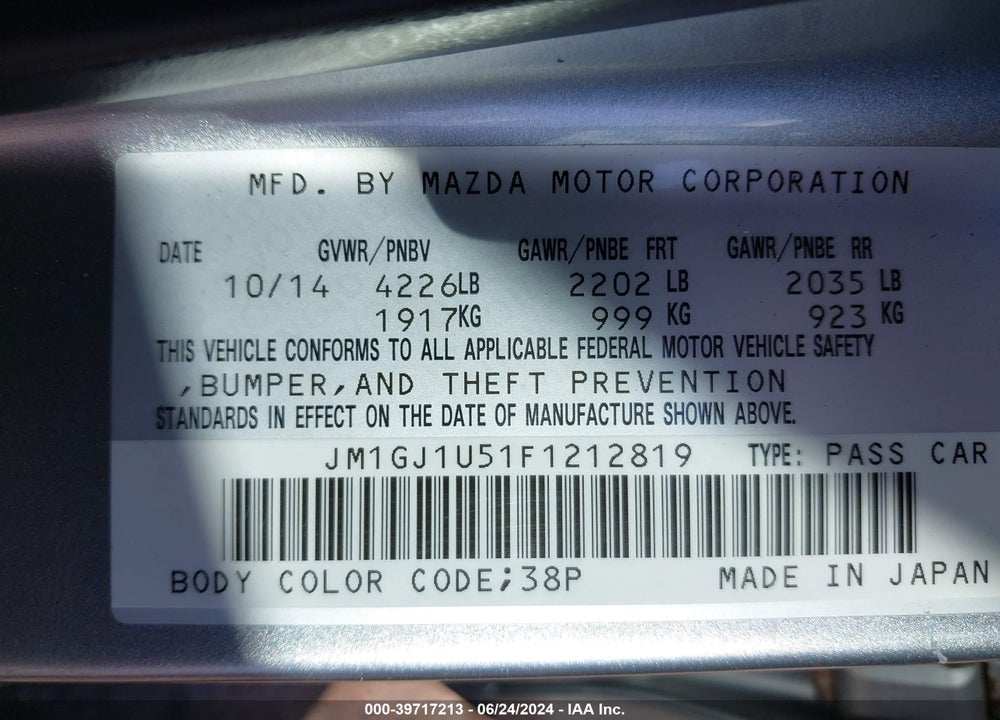 2015 MAZDA 6 I SPORT VIN: JM1GJ1U51F1212819