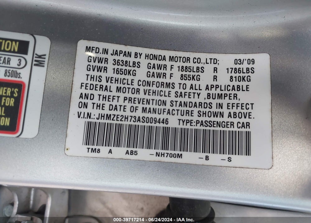 2010 HONDA INSIGHT EX VIN: JHMZE2H73AS009446