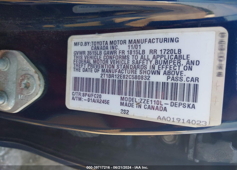 2002 TOYOTA COROLLA S VIN: 2T1BR12E82C580832