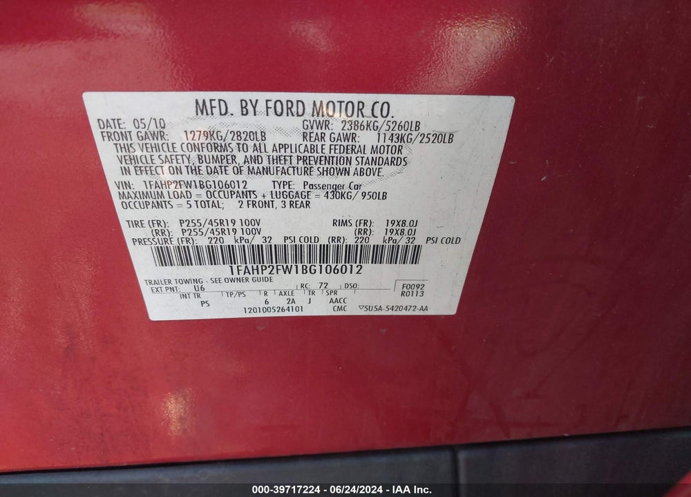 2011 FORD TAURUS VIN: 1FAHP2FW1BG106012