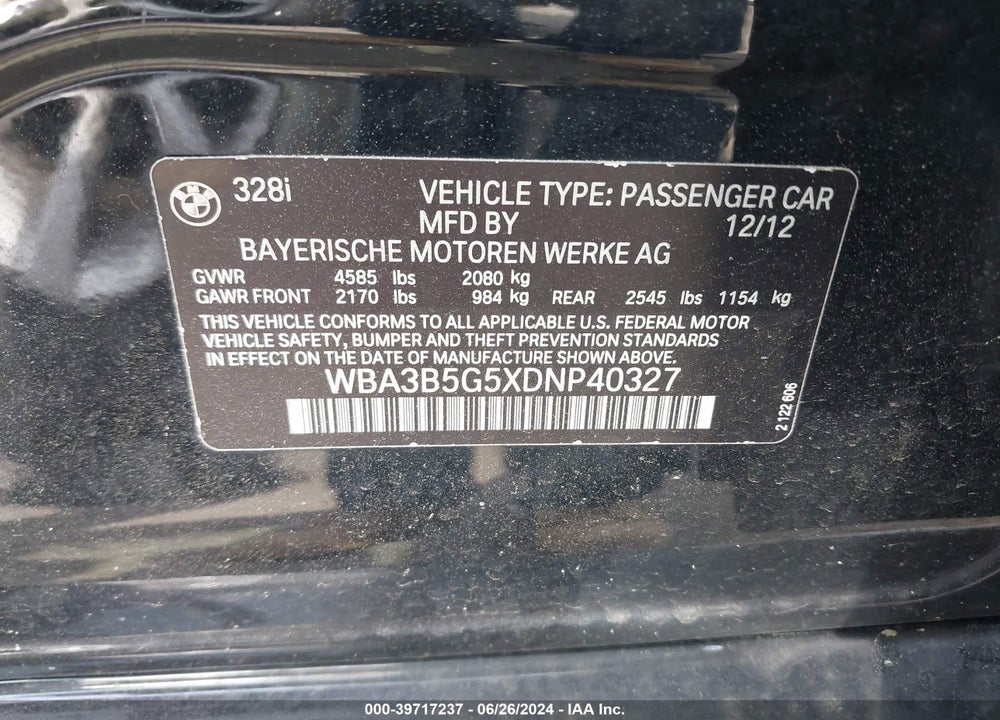 2013 BMW 328I XDRIVE VIN: WBA3B5G5XDNP40327