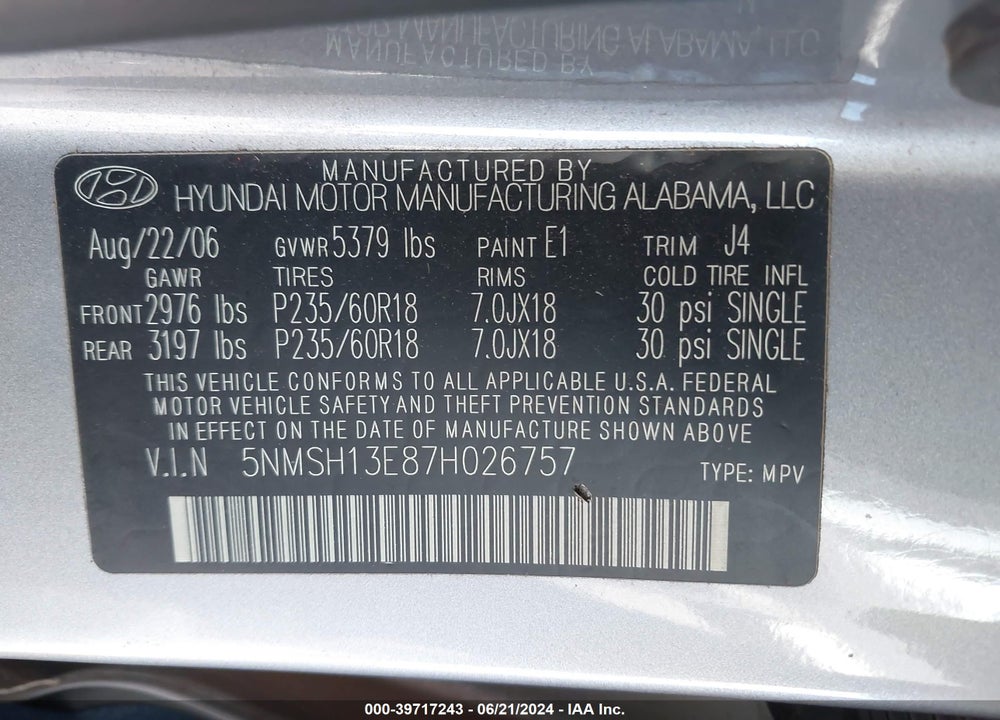 2007 HYUNDAI SANTA FE LIMITED/SE VIN: 5NMSH13E87H026757