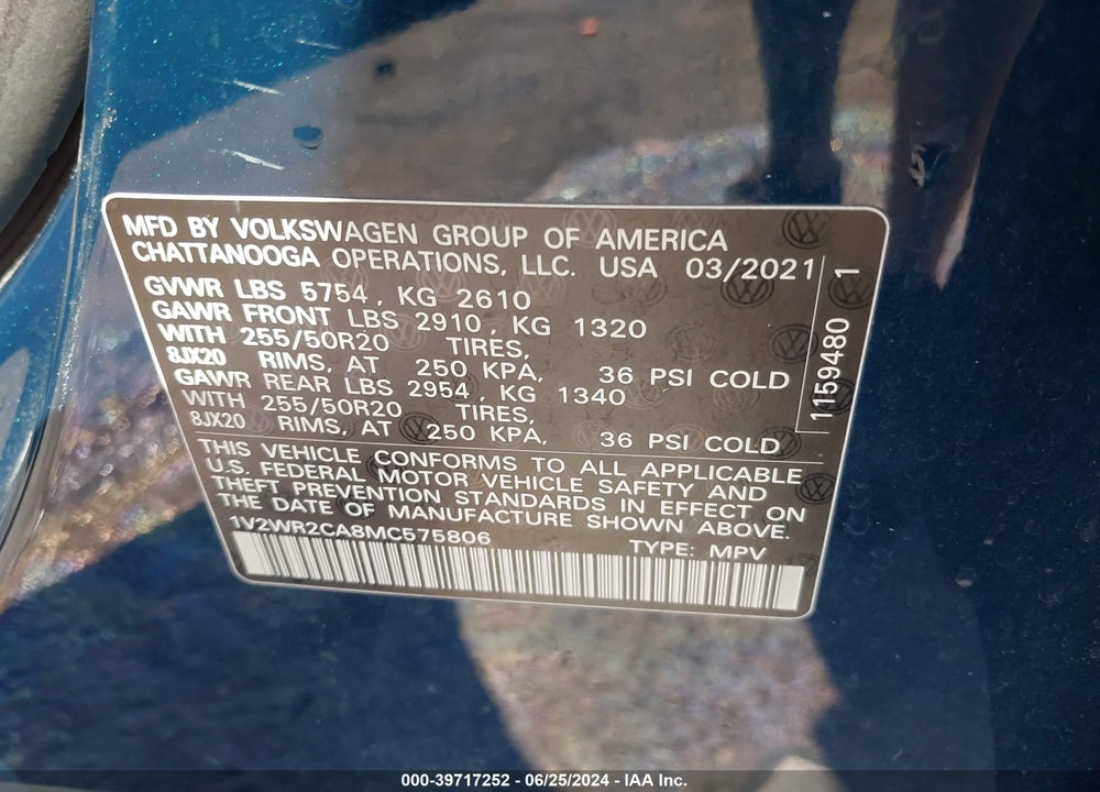 2021 VOLKSWAGEN ATLAS 3.6L V6 SE W/TECHNOLOGY VIN: 1V2WR2CA8MC575806