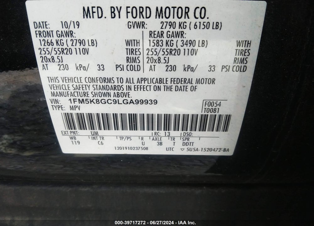 2020 FORD EXPLORER ST VIN: 1FM5K8GC9LGA99939