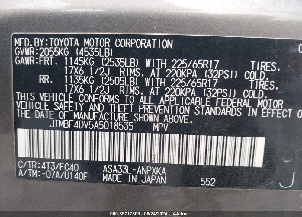2010 TOYOTA RAV4 VIN: JTMBF4DV5A5018535