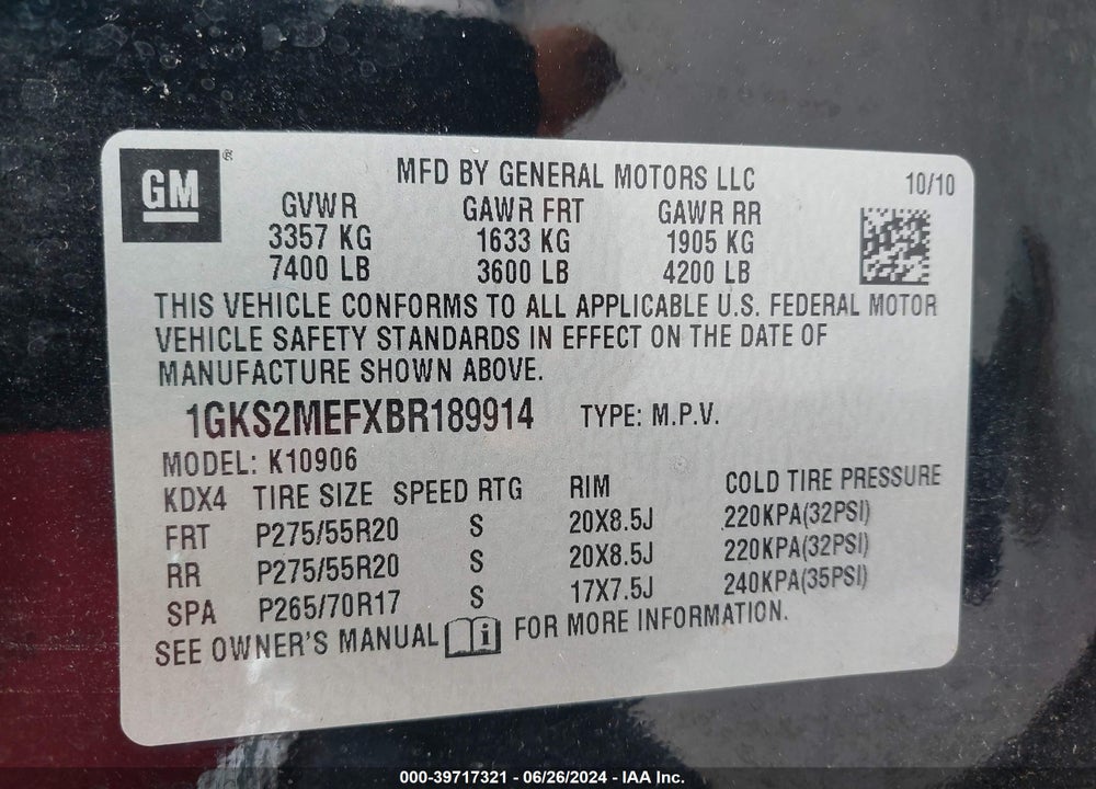 2011 GMC YUKON XL 1500 DENALI VIN: 1GKS2MEFXBR189914