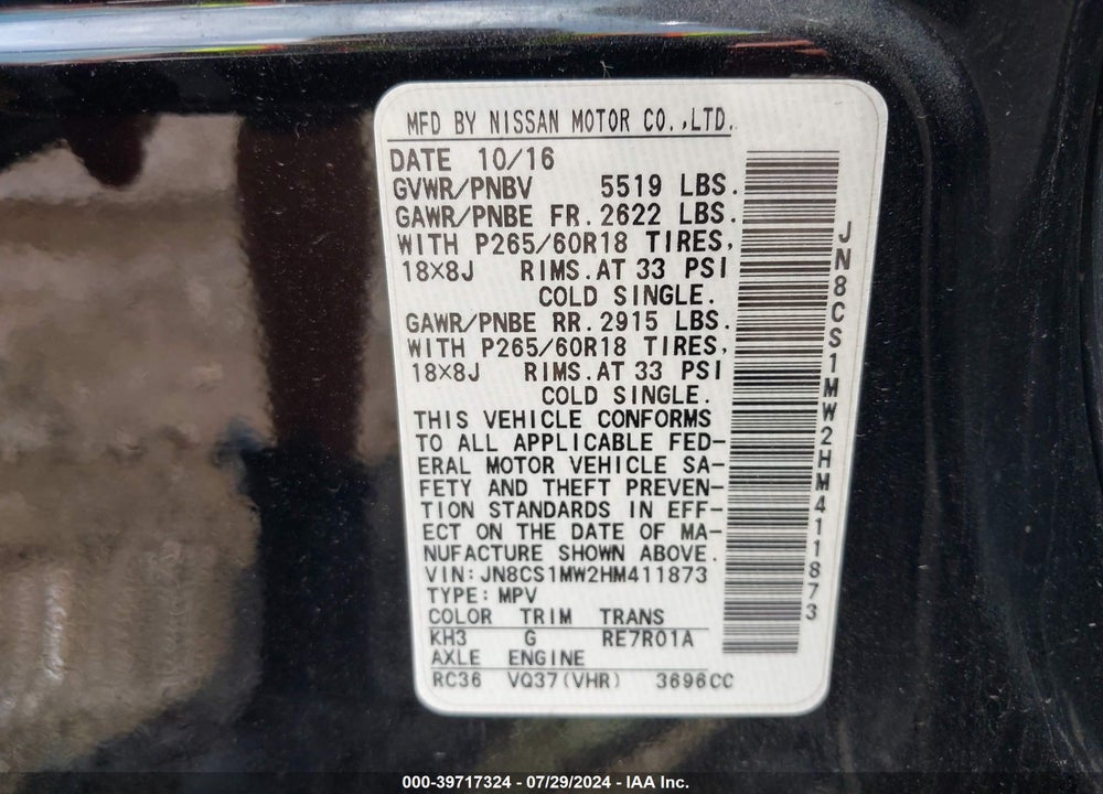 2017 INFINITI QX70 VIN: JN8CS1MW2HM411873