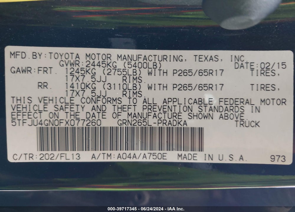 2015 TOYOTA TACOMA PRERUNNER V6 VIN: 5TFJU4GN0FX077260