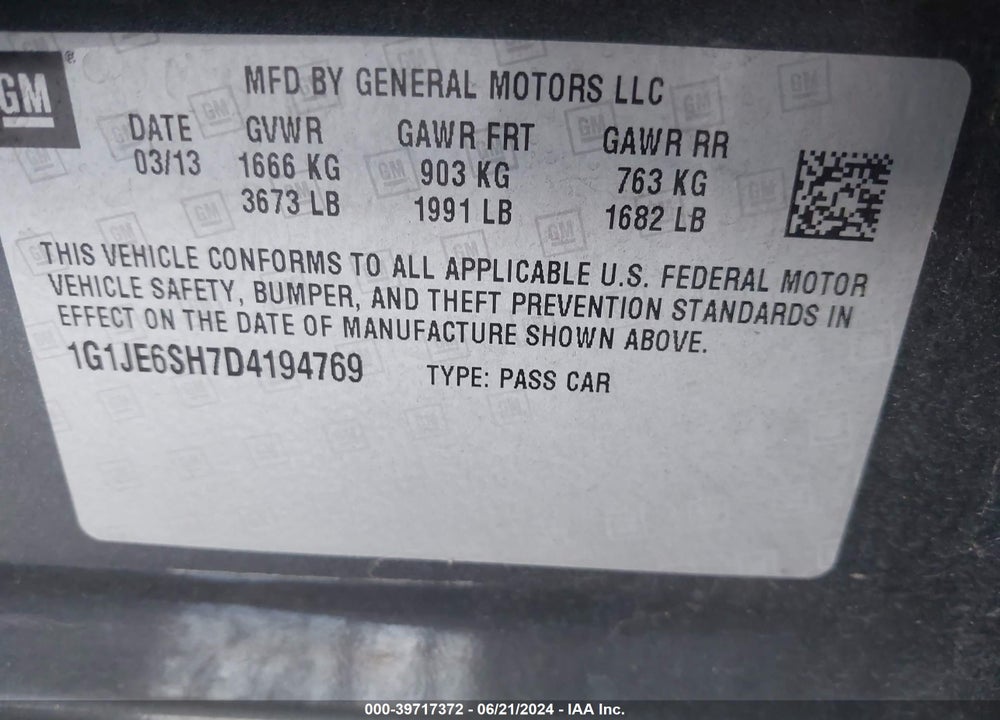 2013 CHEVROLET SONIC LTZ AUTO VIN: 1G1JE6SH7D4194769