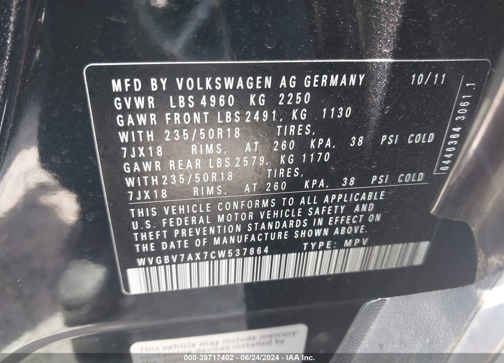2012 VOLKSWAGEN TIGUAN SE VIN: WVGBV7AX7CW537864