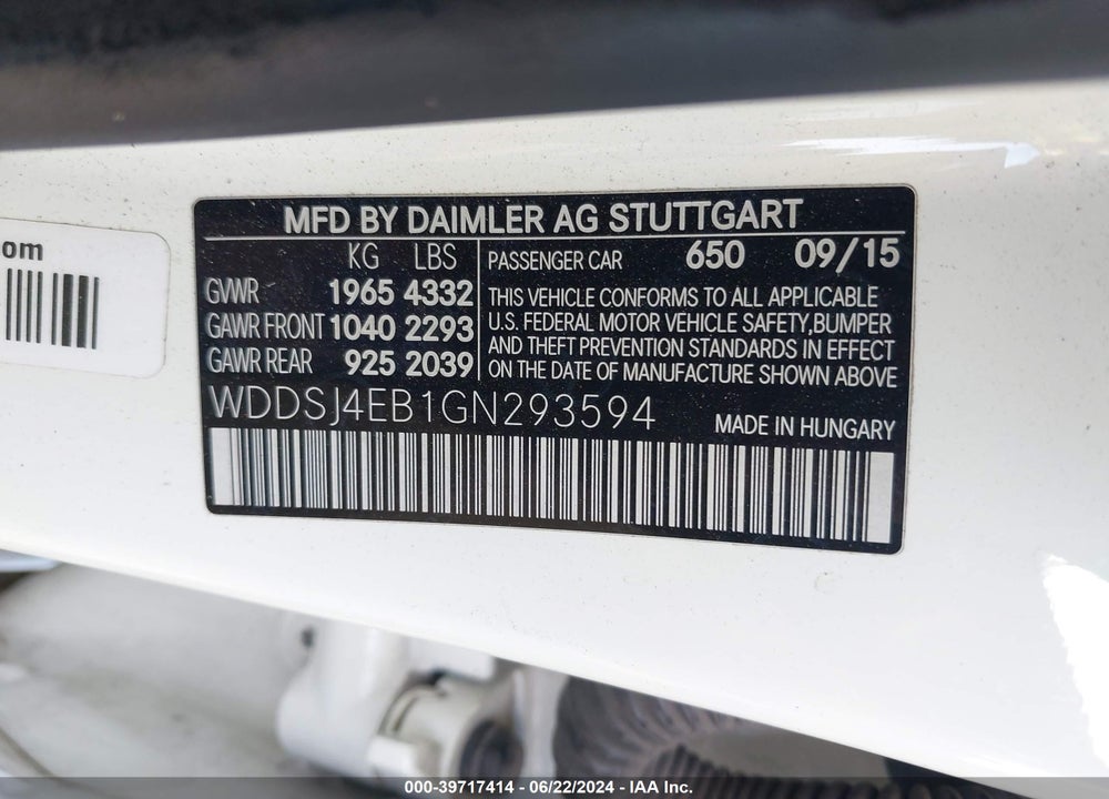 2016 MERCEDES-BENZ CLA 250 VIN: WDDSJ4EB1GN293594