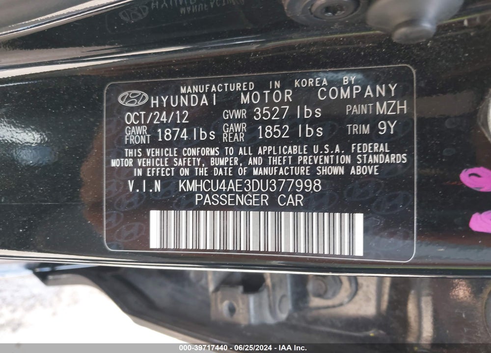 2013 HYUNDAI ACCENT GLS VIN: KMHCU4AE3DU377998