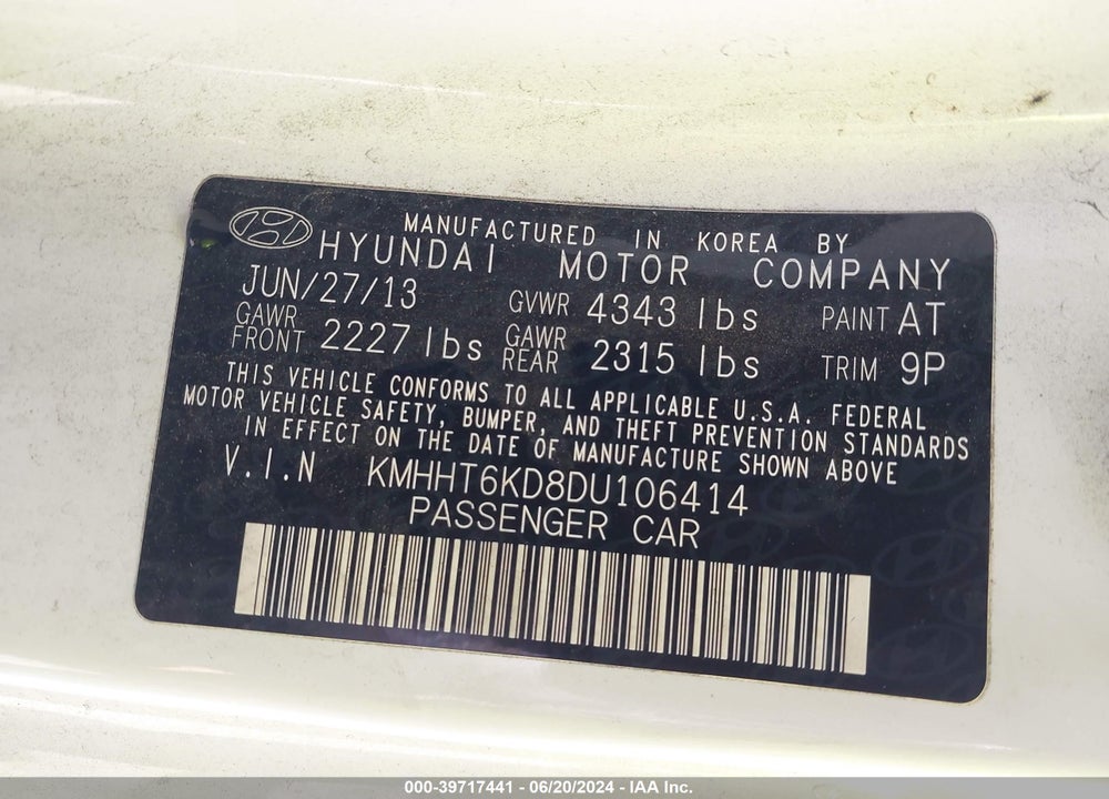 2013 HYUNDAI GENESIS 2.0T VIN: KMHHT6KD8DU106414
