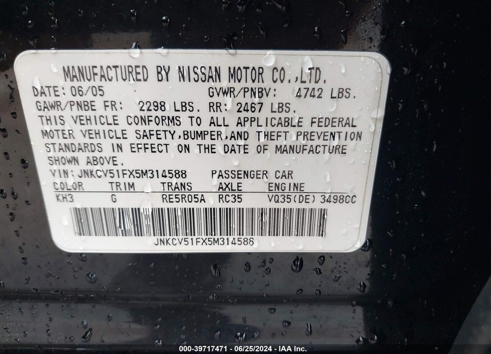 2005 INFINITI G35X VIN: JNKCV51FX5M314588