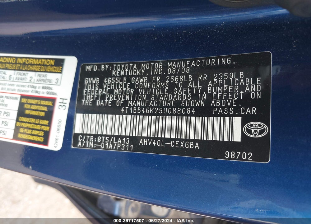 2009 TOYOTA CAMRY HYBRID VIN: 4T1BB46K29U088084