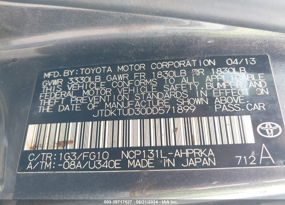 2013 TOYOTA YARIS L VIN: JTDKTUD30DD571899