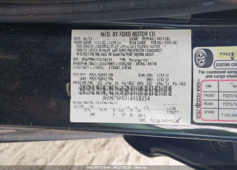 2012 FORD FUSION SE VIN: 3FAHP0HG1CR418254