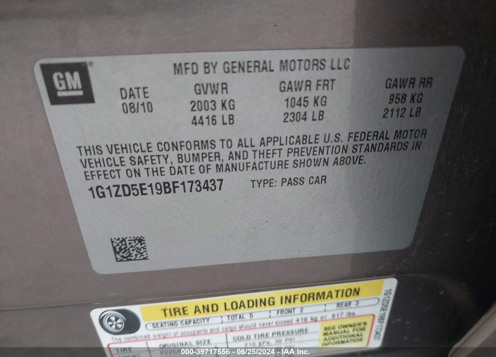 2011 CHEVROLET MALIBU 2LT VIN: 1G1ZD5E19BF173437