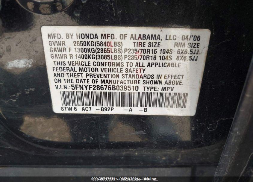 2006 HONDA PILOT EX-L VIN: 5FNYF28676B039510