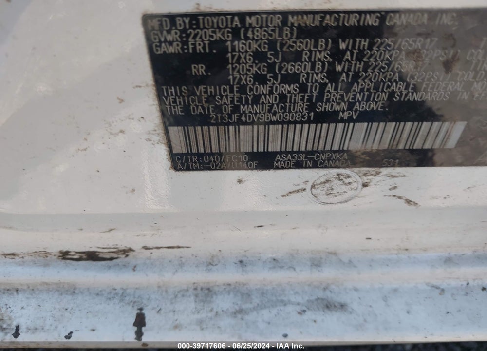 2011 TOYOTA RAV4 VIN: 2T3JF4DV9BW090831