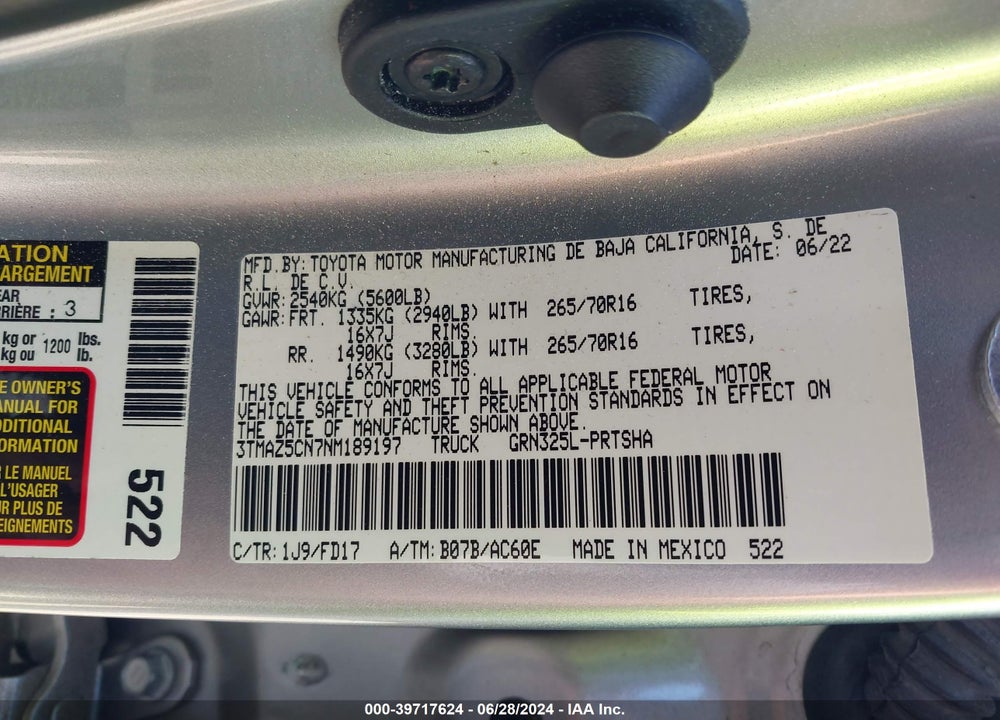 2022 TOYOTA TACOMA TRD OFF ROAD VIN: 3TMAZ5CN7NM189197
