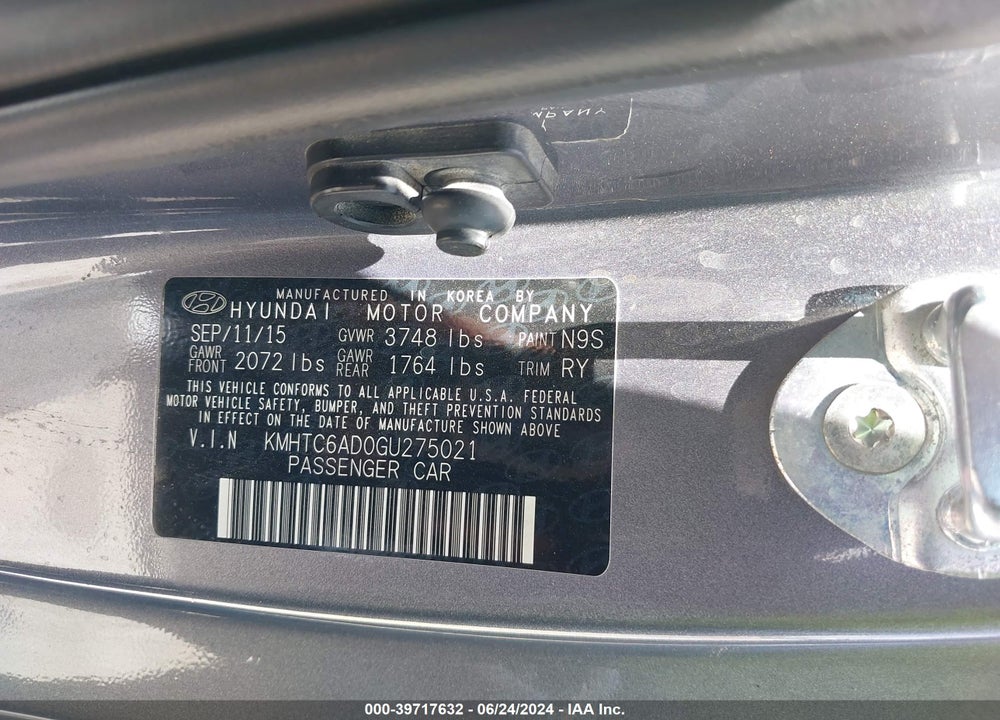 2016 HYUNDAI VELOSTER VIN: KMHTC6AD0GU275021