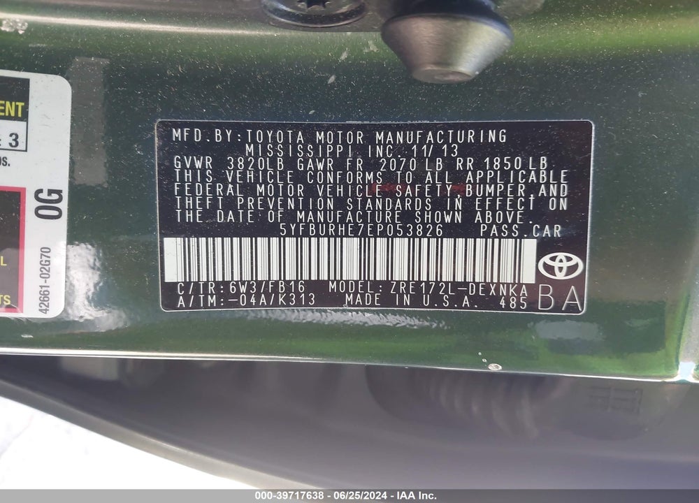 2014 TOYOTA COROLLA LE VIN: 5YFBURHE7EP053826