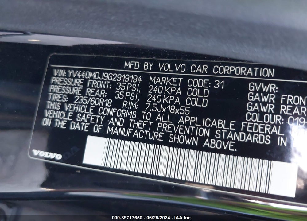 2016 VOLVO XC60 T5 DRIVE-E VIN: YV440MDJ9G2919194