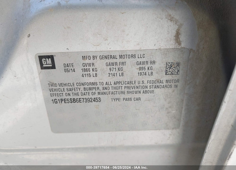 2014 CHEVROLET CRUZE 2LT AUTO VIN: 1G1PE5SB6E7392453