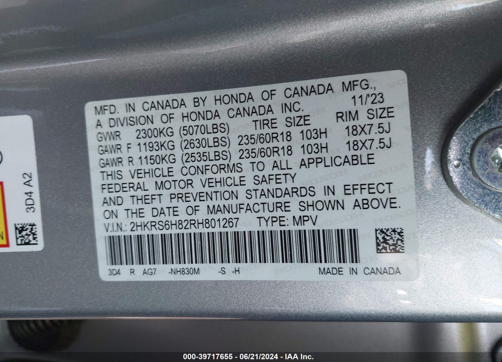 2024 HONDA CR-V HYBRID SPORT-L VIN: 2HKRS6H82RH801267