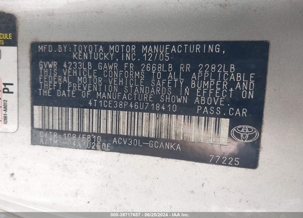 2006 TOYOTA CAMRY SOLARA SE VIN: 4T1CE38P46U718410