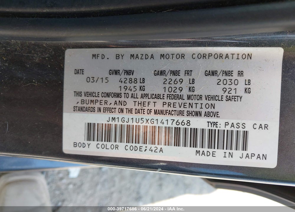 2016 MAZDA 6 I SPORT VIN: JM1GJ1U5XG1417668