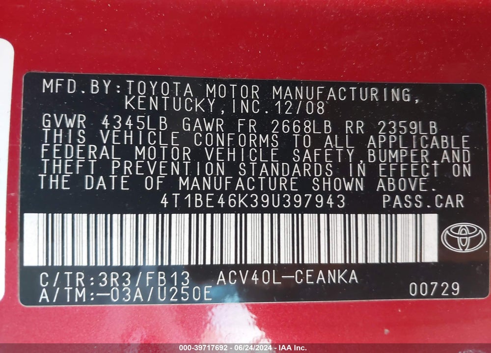 2009 TOYOTA CAMRY LE VIN: 4T1BE46K39U397943