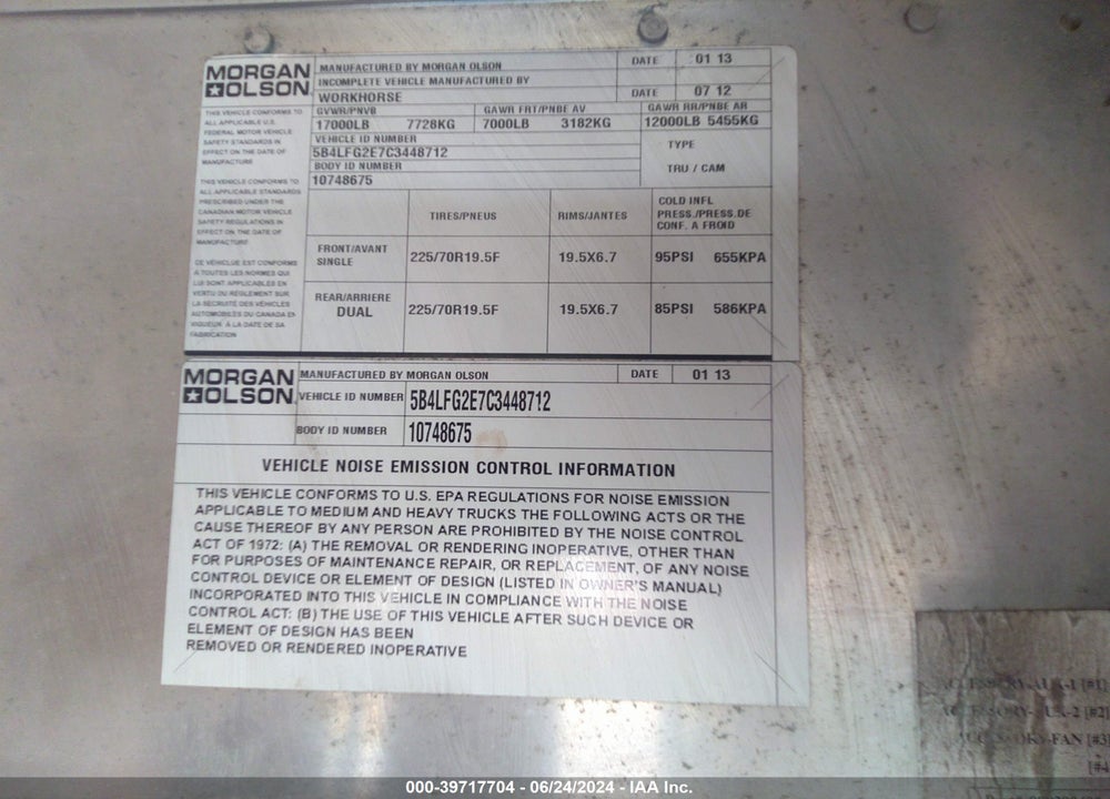 2012 WORKHORSE CUSTOM CHASSIS COMMERCIAL CHASSIS W62 VIN: 5B4LFG2E7C3448712