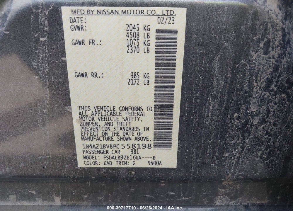 2023 NISSAN LEAF S 40 KWH VIN: 1N4AZ1BV8PC558198