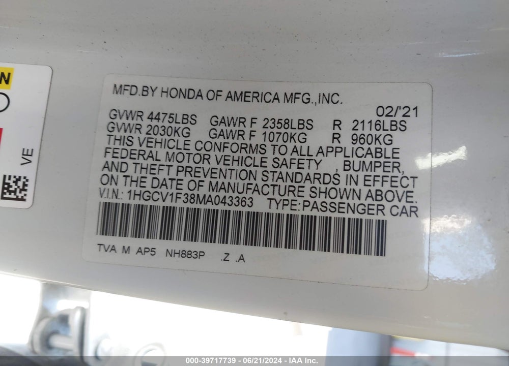 2021 HONDA ACCORD SPORT VIN: 1HGCV1F38MA043363
