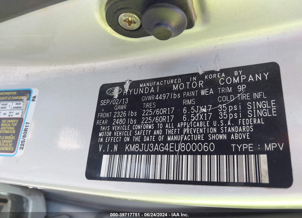 2014 HYUNDAI TUCSON SE VIN: KM8JU3AG4EU800060