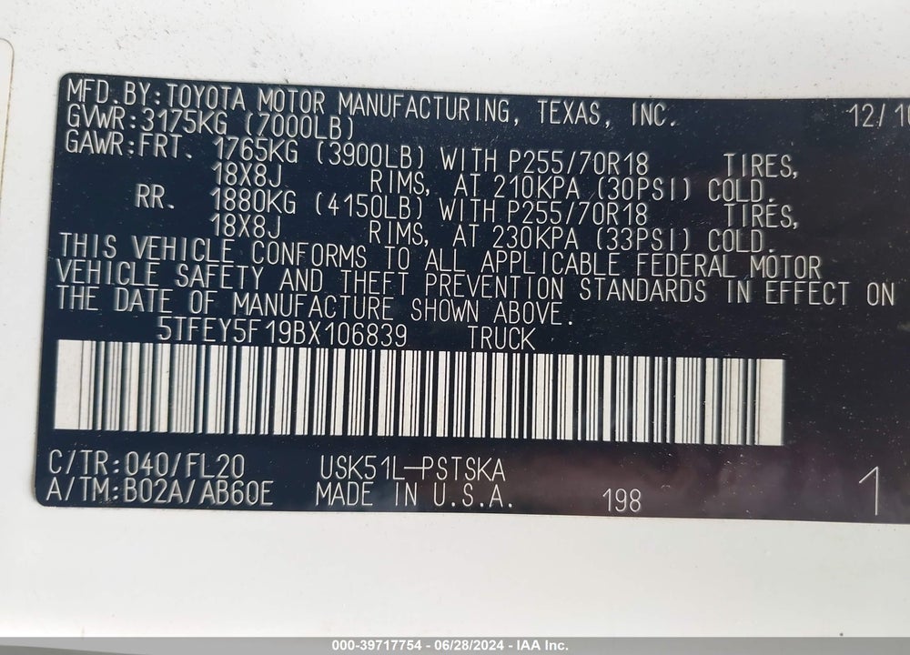2011 TOYOTA TUNDRA GRADE 5.7L V8 VIN: 5TFEY5F19BX106839