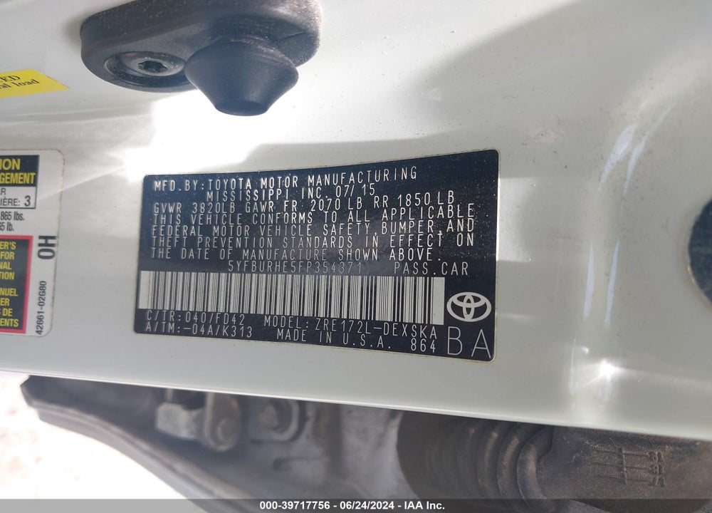 2015 TOYOTA COROLLA S PLUS VIN: 5YFBURHE5FP354371