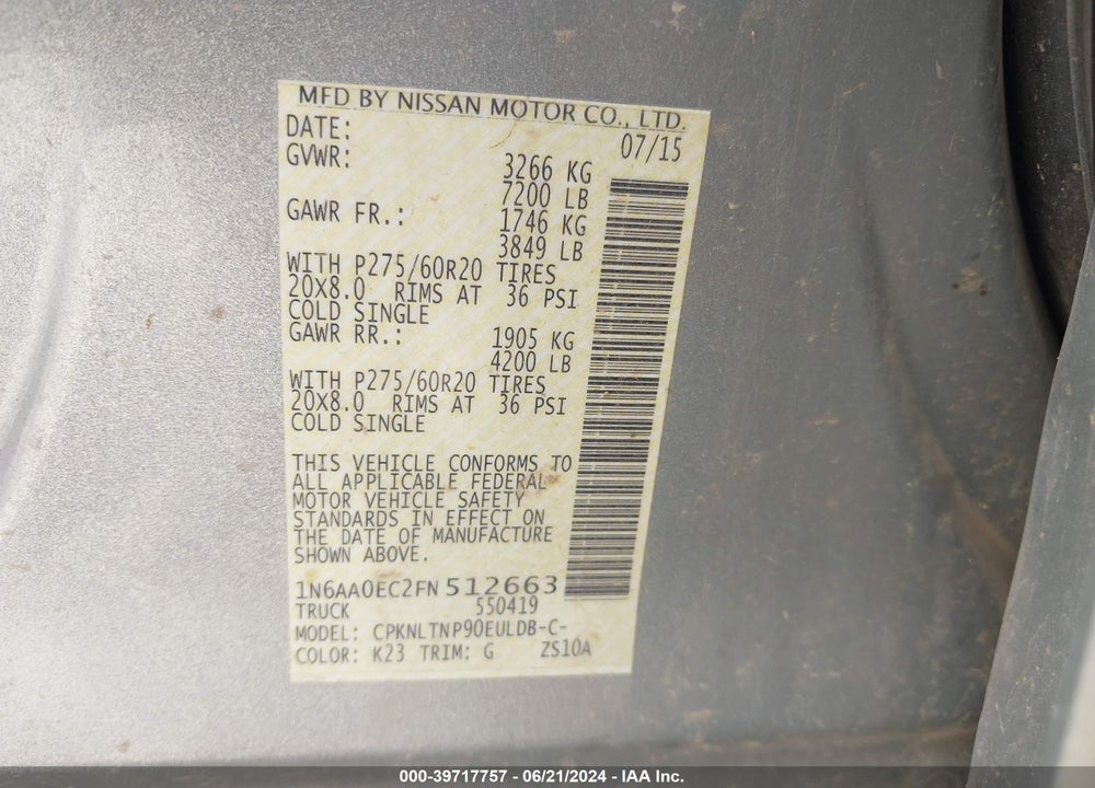 2015 NISSAN TITAN SV VIN: 1N6AA0EC2FN512663