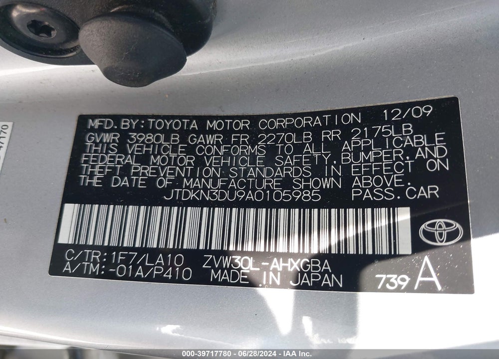 2010 TOYOTA PRIUS IV VIN: JTDKN3DU9A0105985