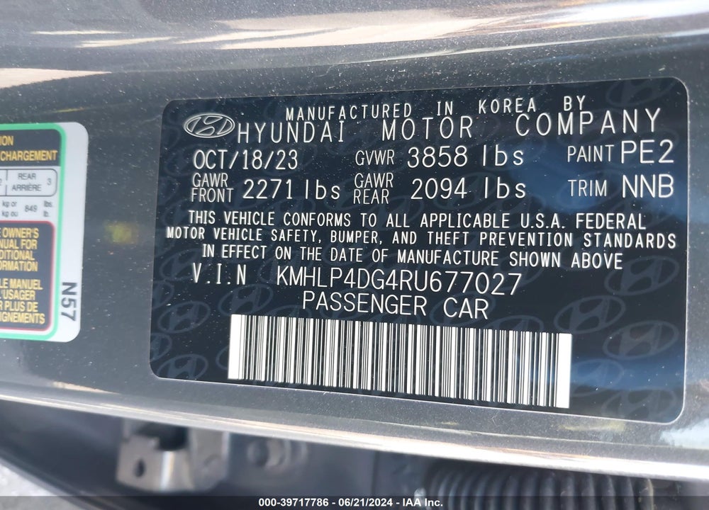 2024 HYUNDAI ELANTRA LIMITED VIN: KMHLP4DG4RU677027