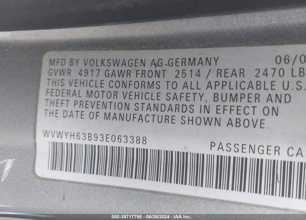 2003 VOLKSWAGEN PASSAT GLX VIN: WVWYH63B93E063388