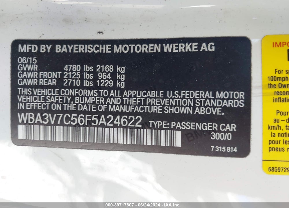 2015 BMW 428I VIN: WBA3V7C56F5A24622