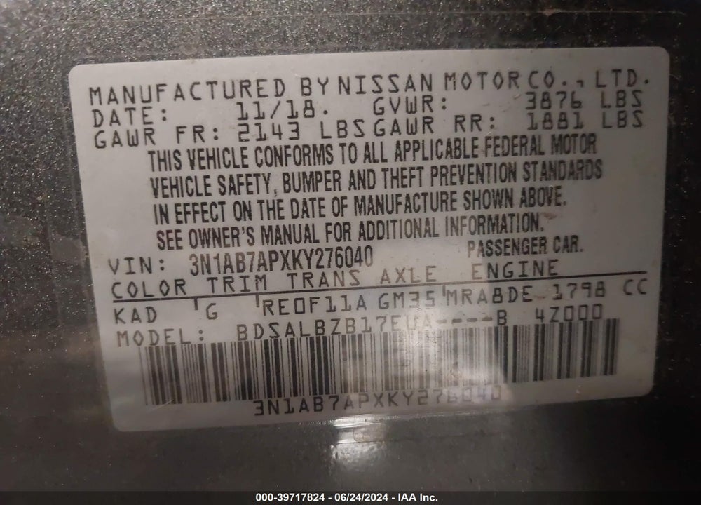 2019 NISSAN SENTRA S VIN: 3N1AB7APXKY276040
