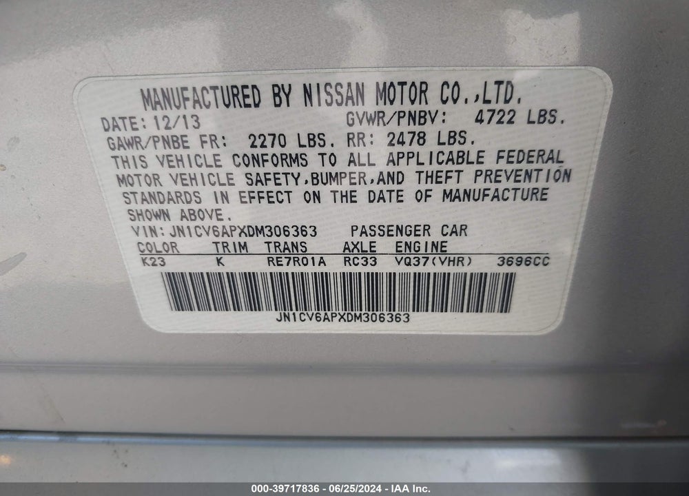 2013 INFINITI G37 JOURNEY VIN: JN1CV6APXDM306363