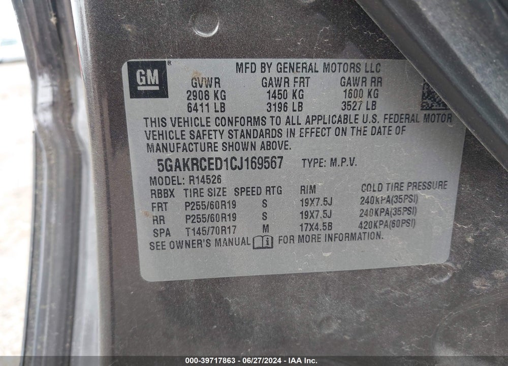 2012 BUICK ENCLAVE LEATHER VIN: 5GAKRCED1CJ169567