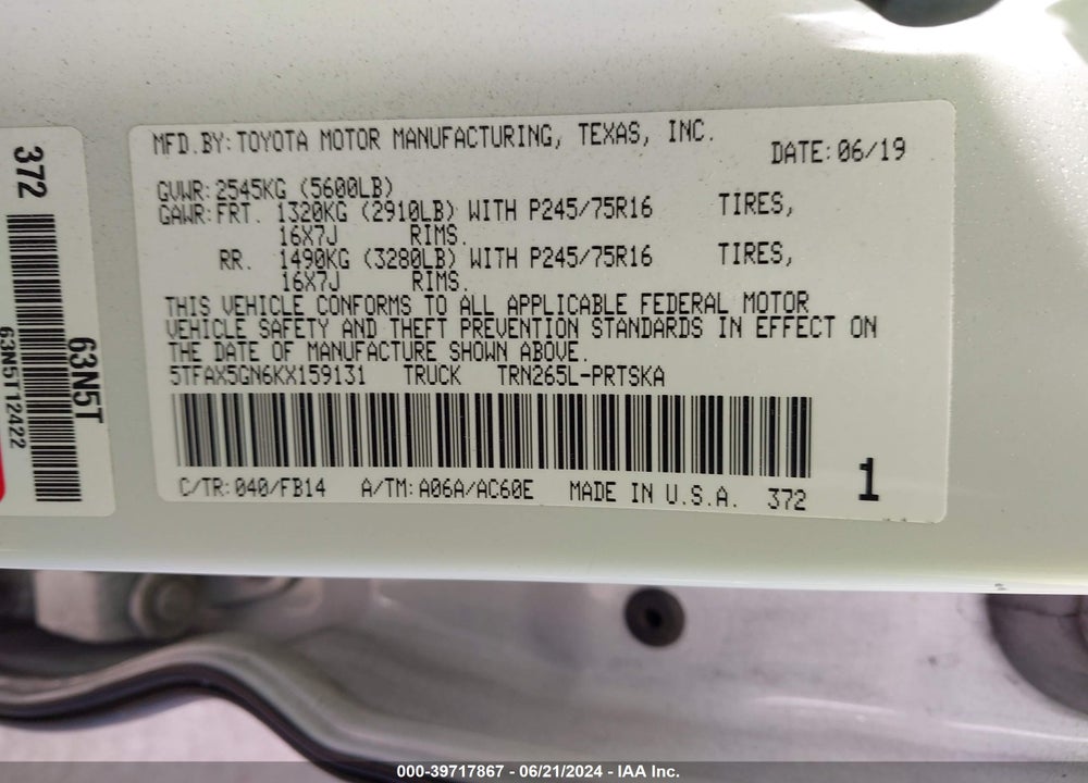 2019 TOYOTA TACOMA SR VIN: 5TFAX5GN6KX159131